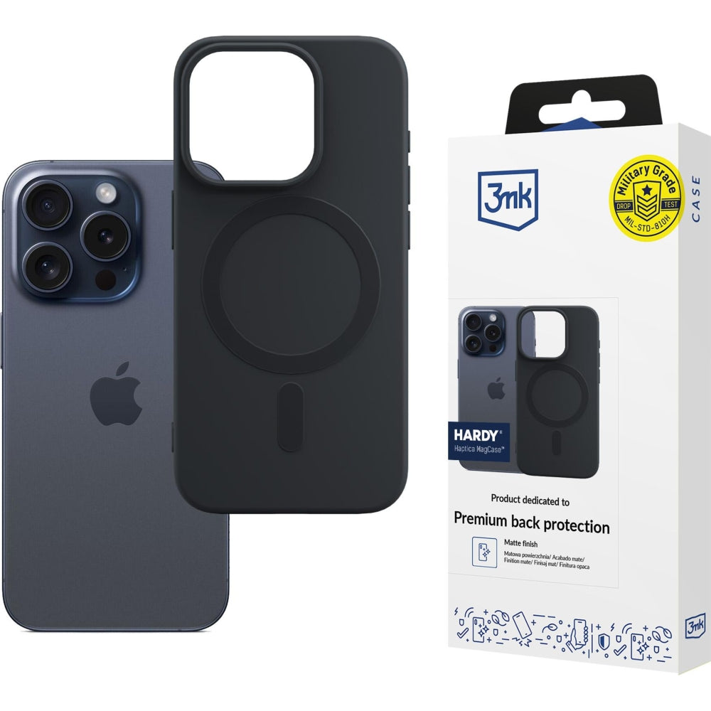 Handyhülle für iPhone 15 Pro, 3mk Hardy Haptica MagCase mit MagSafe, Schwarz