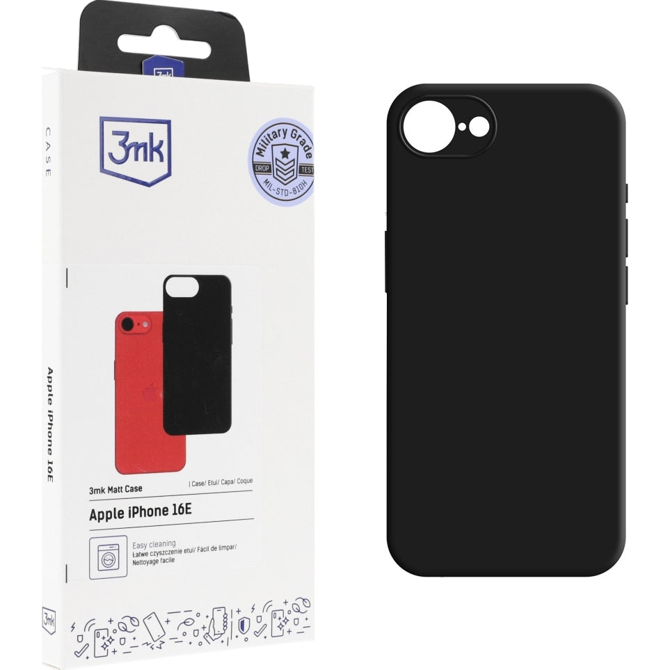 3mk Matt Case in mattem Schwarz für Apple iPhone SE 2025 neben Originalverpackung mit Military Grade Zertifizierung.