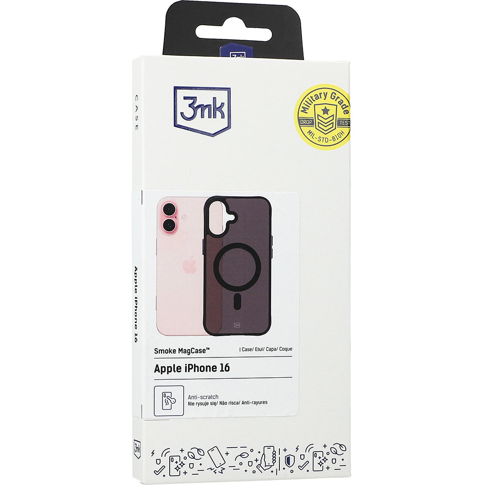 Handyhülle für iPhone 16, 3mk Smoke MagCase, Durchscheinend mit schwarzen Rahmen