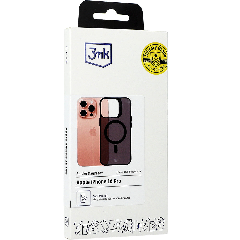 Handyhülle für iPhone 16 Pro, 3mk Smoke MagCase, Durchscheinend mit schwarzen Rahmen