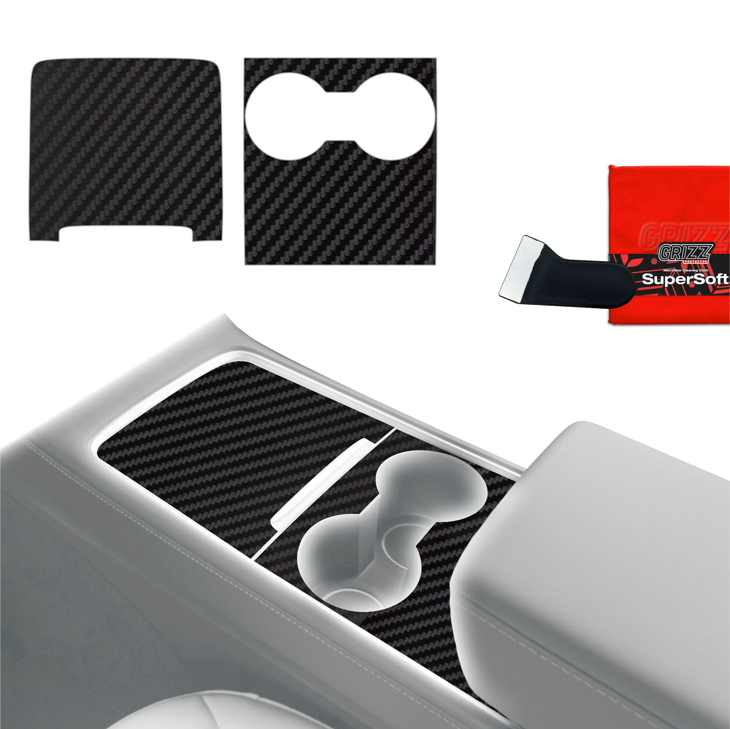 2in1 Schutzfolien Grizz Protector für Mittelkonsole - Tesla Model 3 (2021-2025) Carbon Optik Matt Antifingerprint