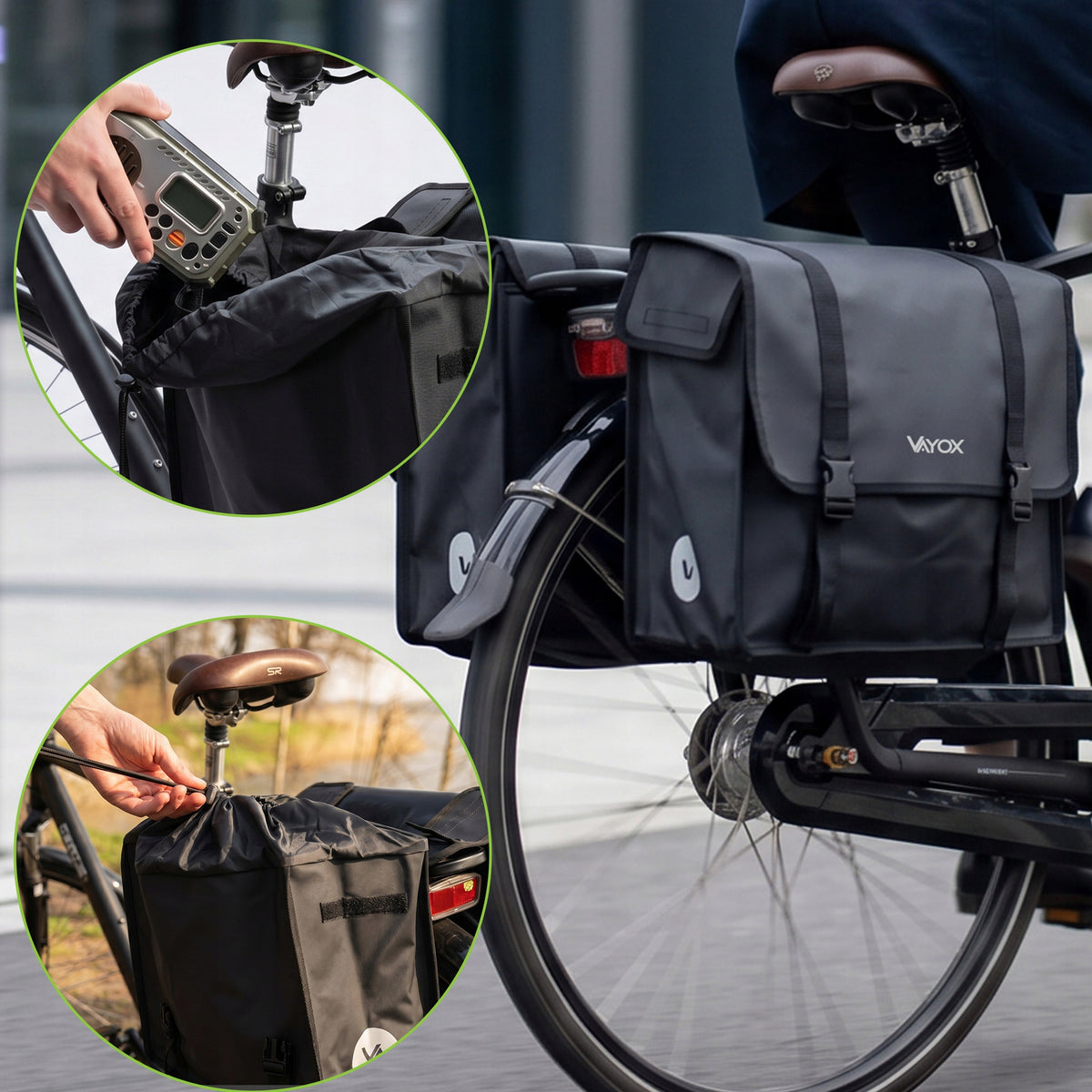 Fahrradtasche für den Gepäckträger, doppelt mit Griff, Vayox VA0446 40L, Schwarz
