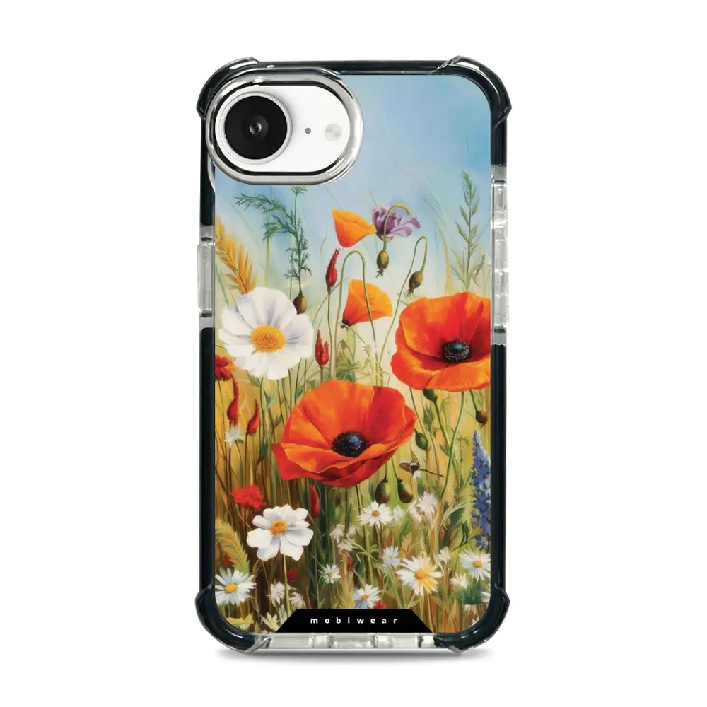 Handyhülle für iPhone 17e / 16e mit MagSafe, Mobiwear Elite Bumper, Wiesenblumen