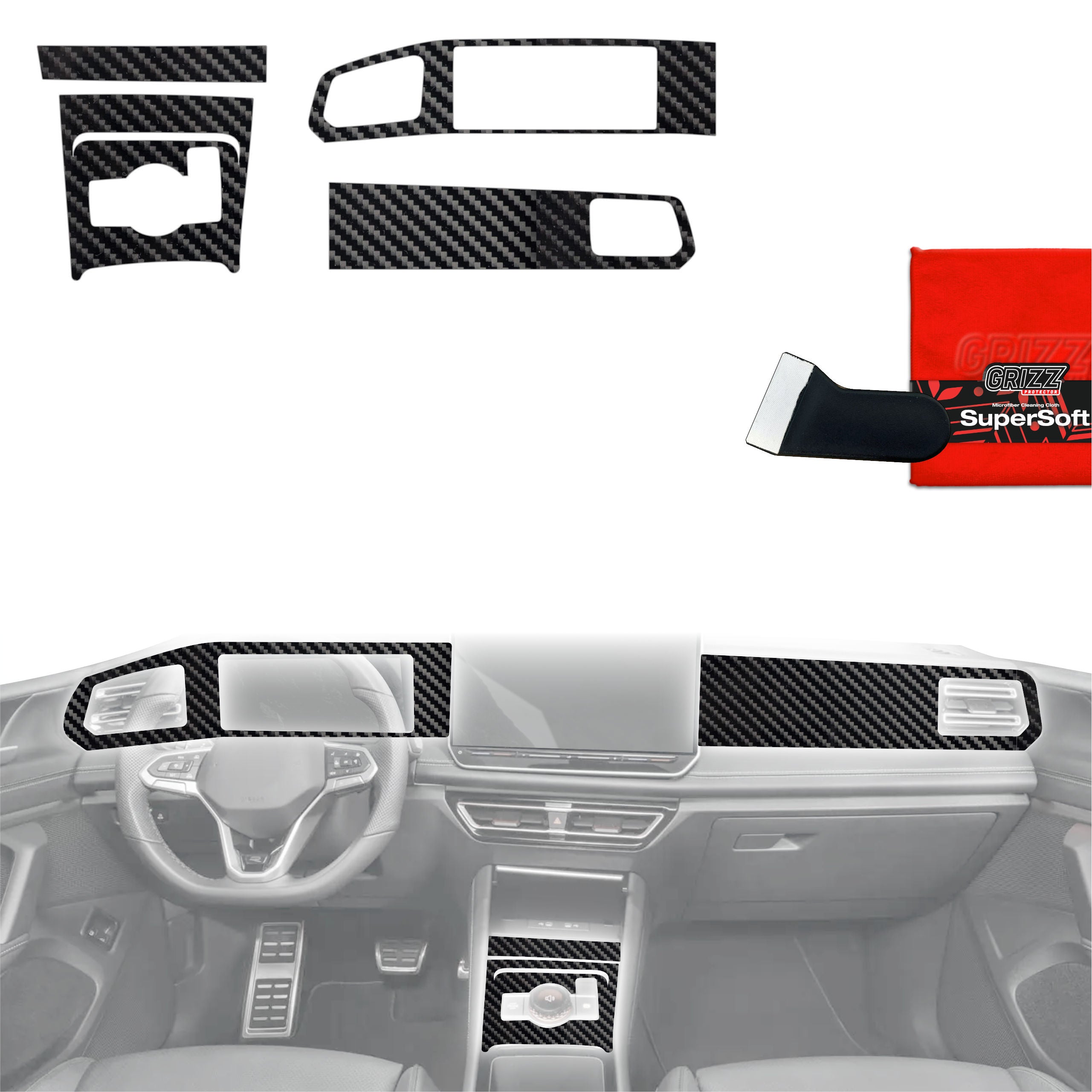 5in1 Schutzfolien Grizz Protector für Mittelkonsole & Armaturenbrett - Volkswagen Tiguan 3 (2024-2026) Carbon Optik Glanz