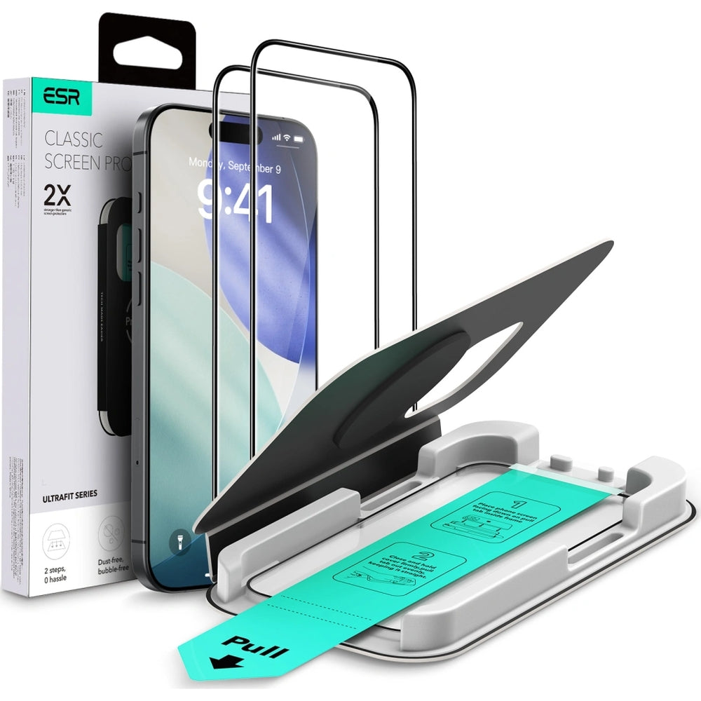 Gehärtetes Glas mit Positionierungsrahmen für iPhone 17 / iPhone 16 Pro, ESR UltraFit Tempered Glass, 2 Stück