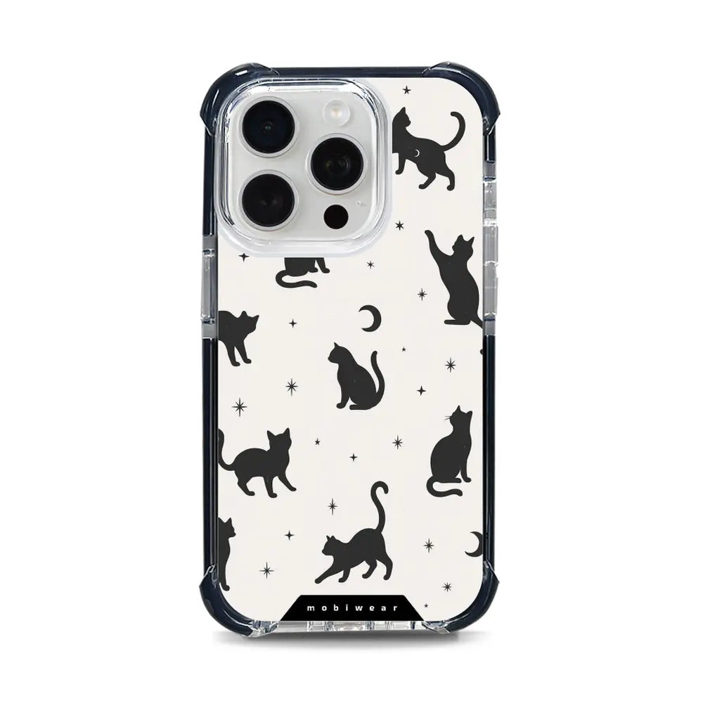 Handyhülle für iPhone 15 Pro mit MagSafe, Mobiwear Elite Bumper, Katzen-Nacht