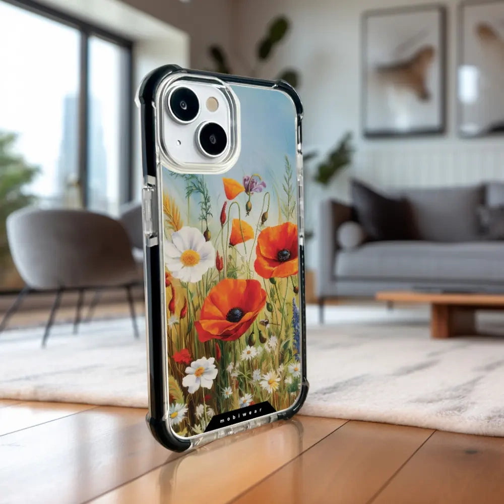 Handyhülle für iPhone 17e mit MagSafe, Mobiwear Elite Bumper, Wiesenblumen