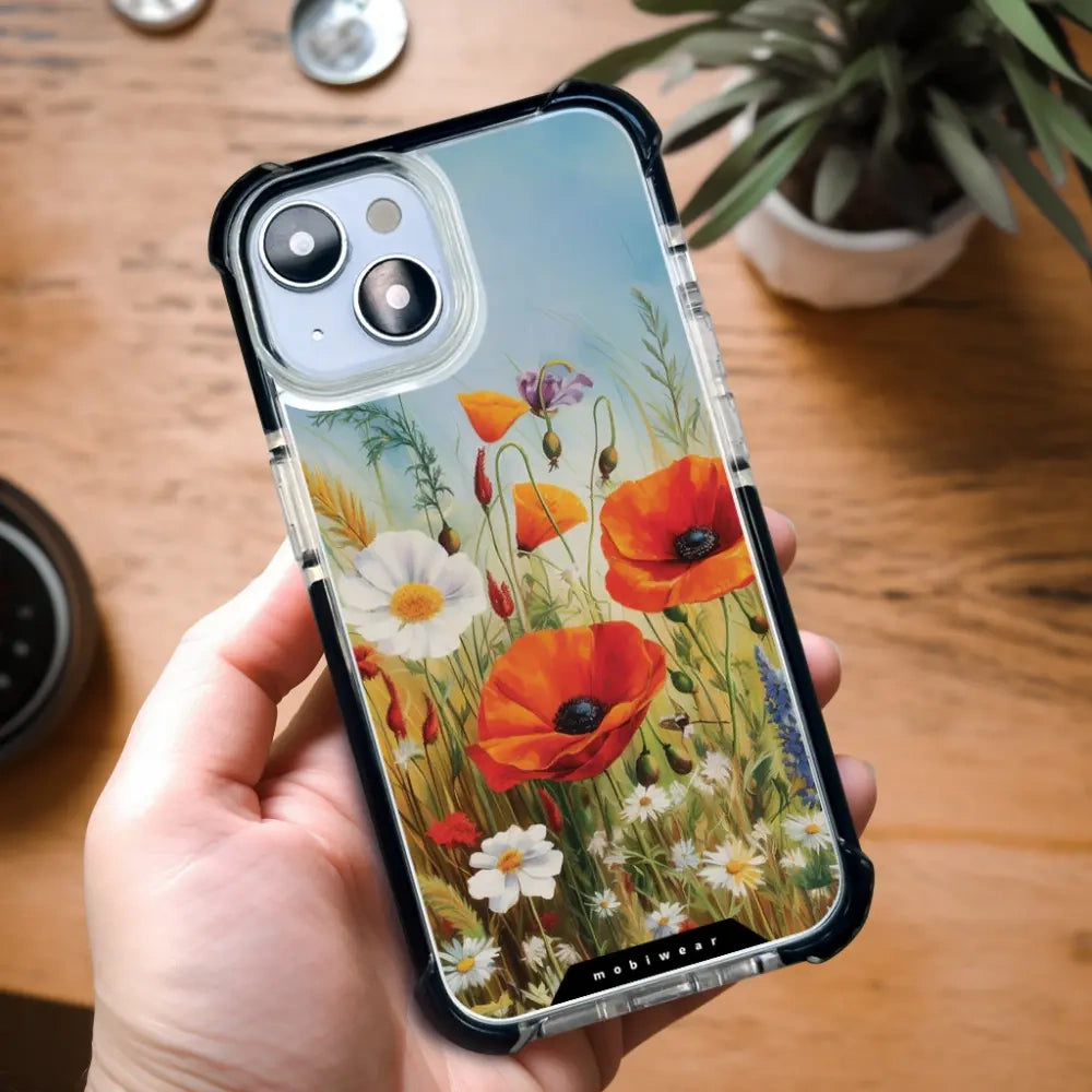 Handyhülle für iPhone 17e mit MagSafe, Mobiwear Elite Bumper, Wiesenblumen