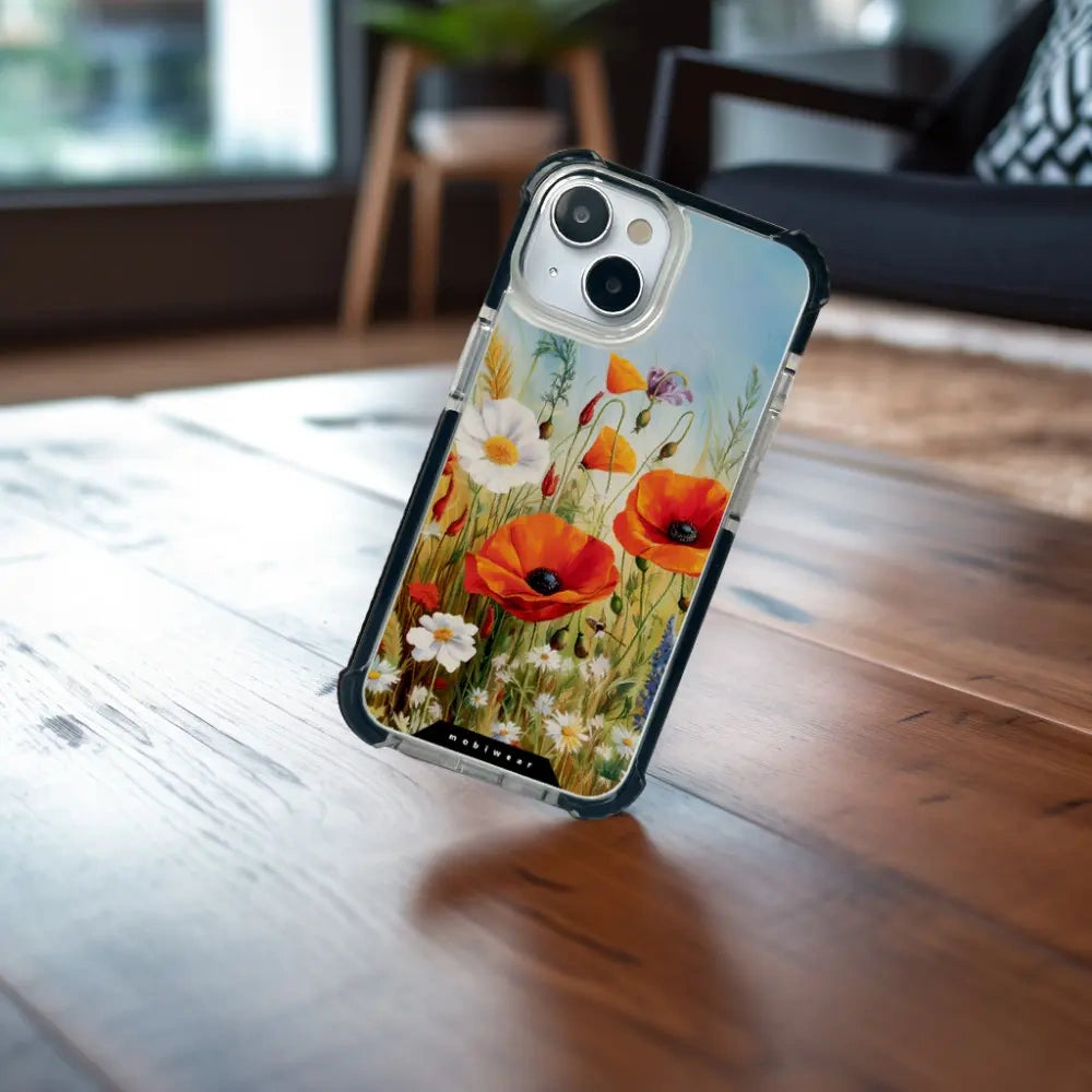 Handyhülle für iPhone 17e mit MagSafe, Mobiwear Elite Bumper, Wiesenblumen