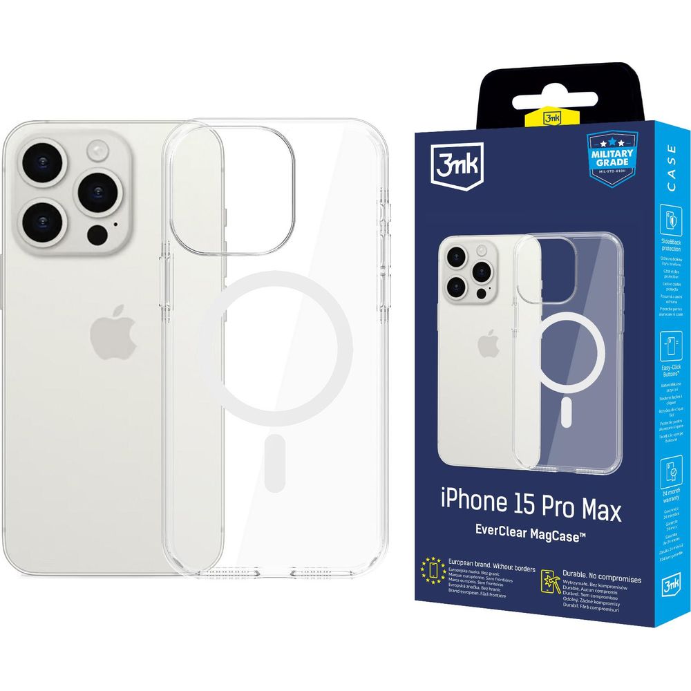 Handyhülle für iPhone 15 Pro Max, 3mk EverClear MagCase mit MagSafe, Transparent mit weißem Magneten