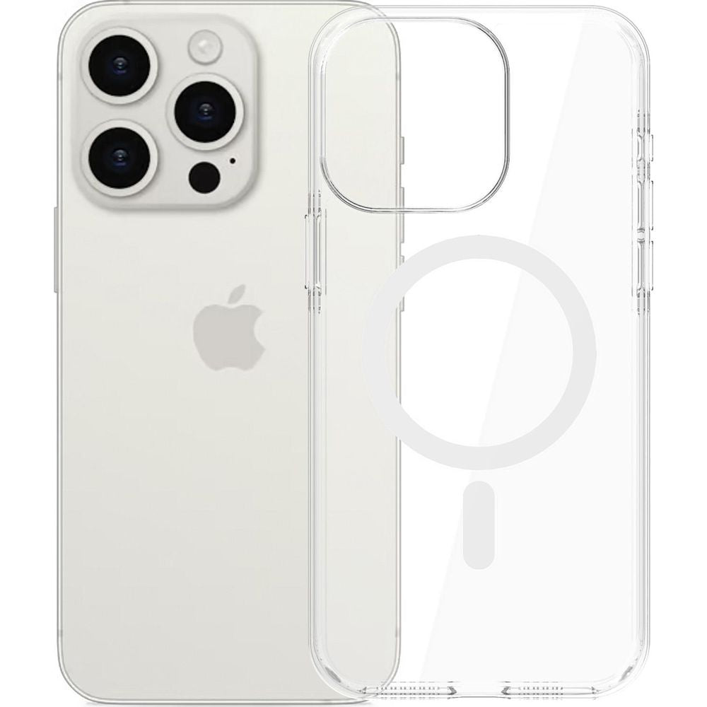 Handyhülle für iPhone 15 Pro Max, 3mk EverClear MagCase mit MagSafe, Transparent mit weißem Magneten