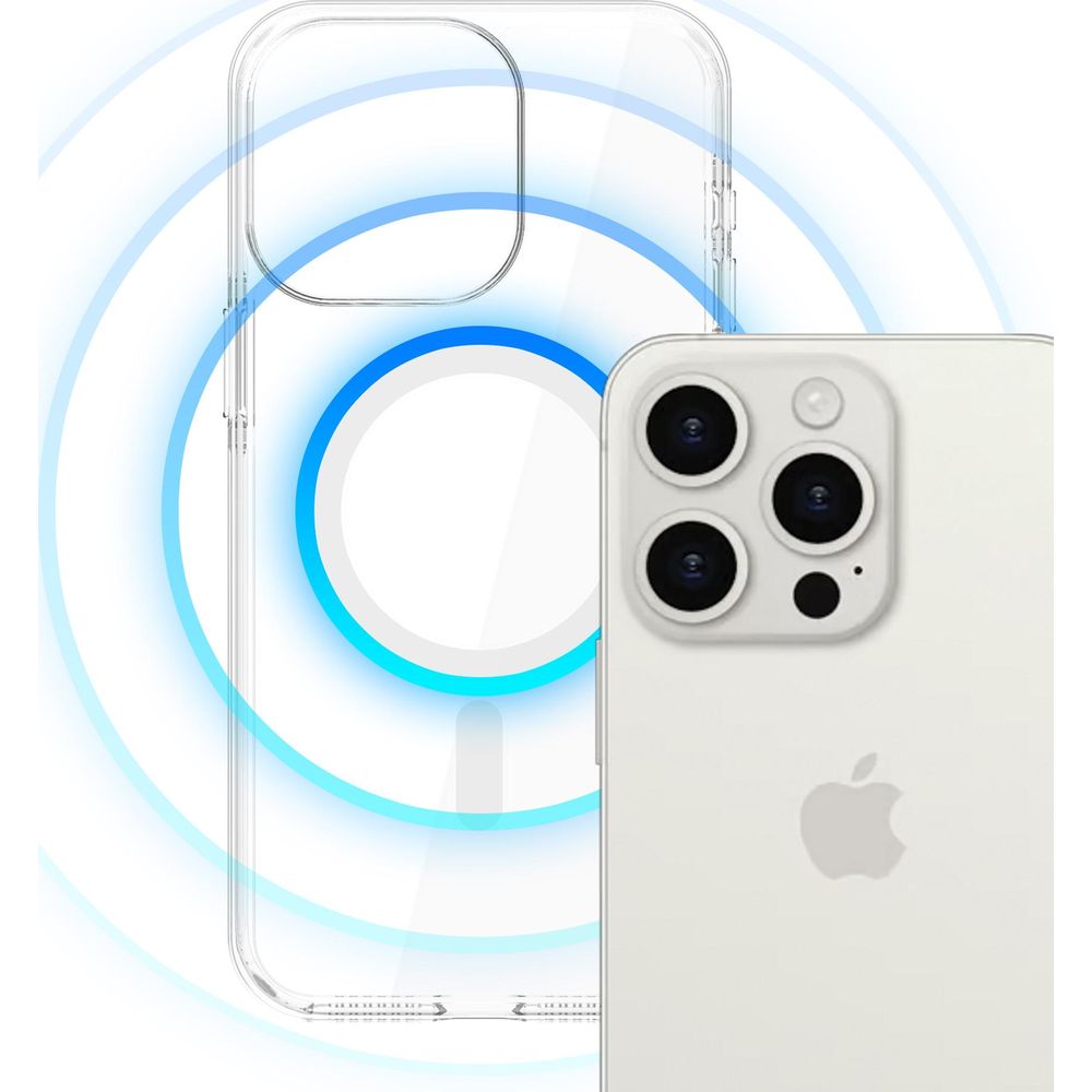 Handyhülle für iPhone 15 Pro Max, 3mk EverClear MagCase mit MagSafe, Transparent mit weißem Magneten