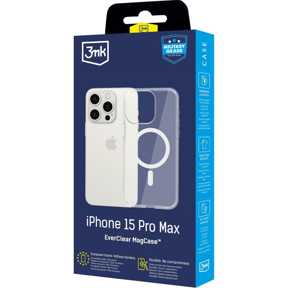 Handyhülle für iPhone 15 Pro Max, 3mk EverClear MagCase mit MagSafe, Transparent mit weißem Magneten