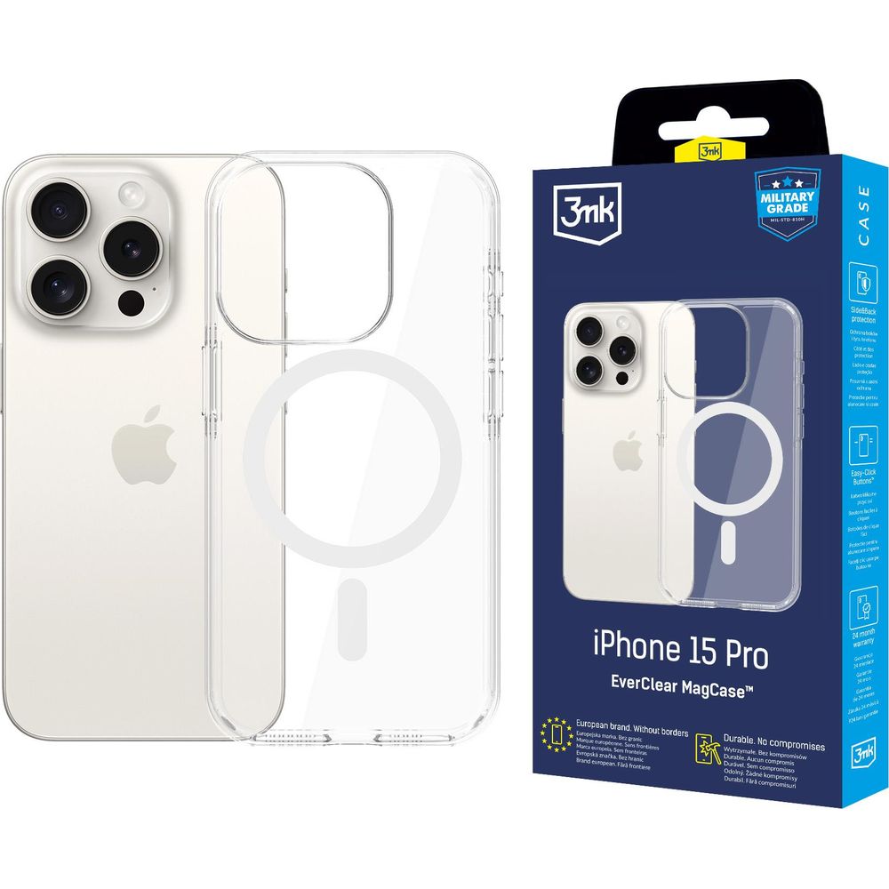 Handyhülle für iPhone 15 Pro, 3mk EverClear MagCase mit MagSafe, Transparent mit weißem Magneten