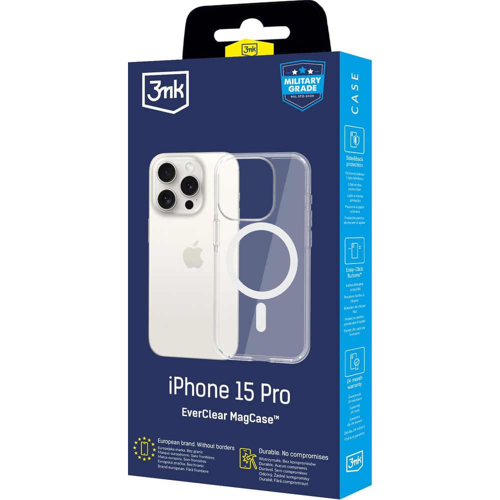 Handyhülle für iPhone 15 Pro, 3mk EverClear MagCase mit MagSafe, Transparent mit weißem Magneten