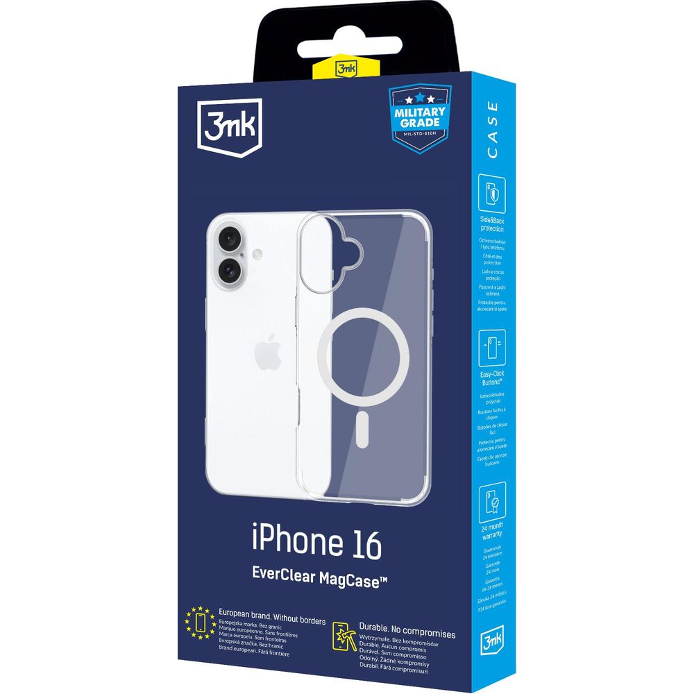 Handyhülle für iPhone 16, 3mk EverClear MagCase mit MagSafe, Transparent mit weißem Magneten