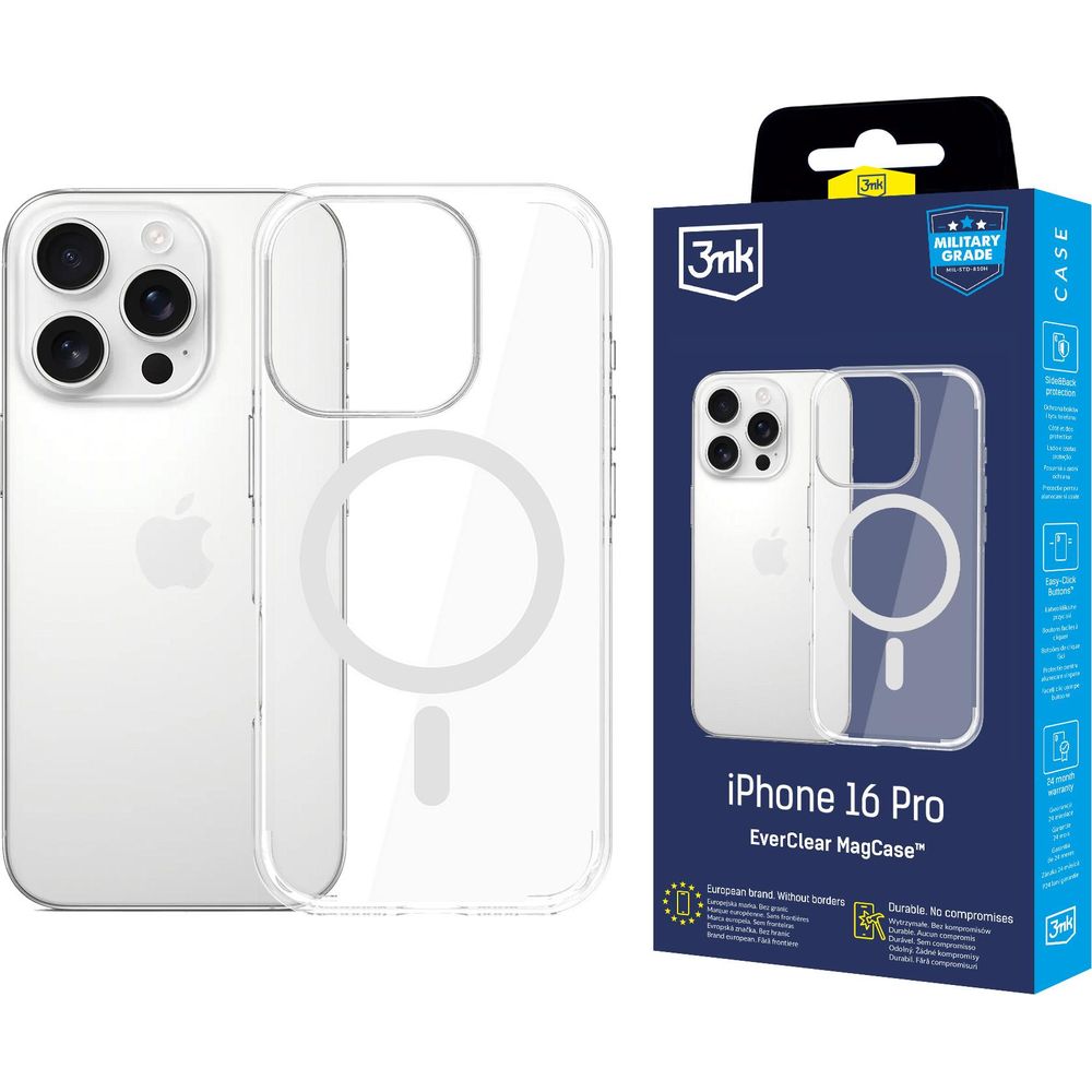 Handyhülle für iPhone 16 Pro, 3mk EverClear MagCase mit MagSafe, Transparent mit weißem Magneten