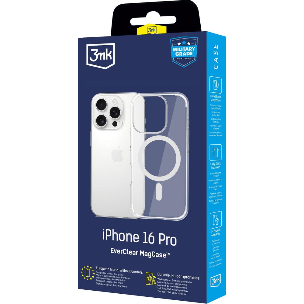 Handyhülle für iPhone 16 Pro, 3mk EverClear MagCase mit MagSafe, Transparent mit weißem Magneten