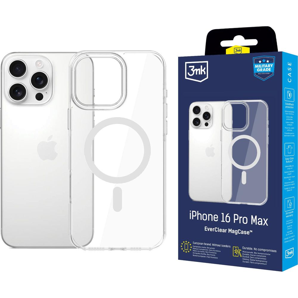 Handyhülle für iPhone 16 Pro Max, 3mk EverClear MagCase mit MagSafe, Transparent mit weißem Magneten