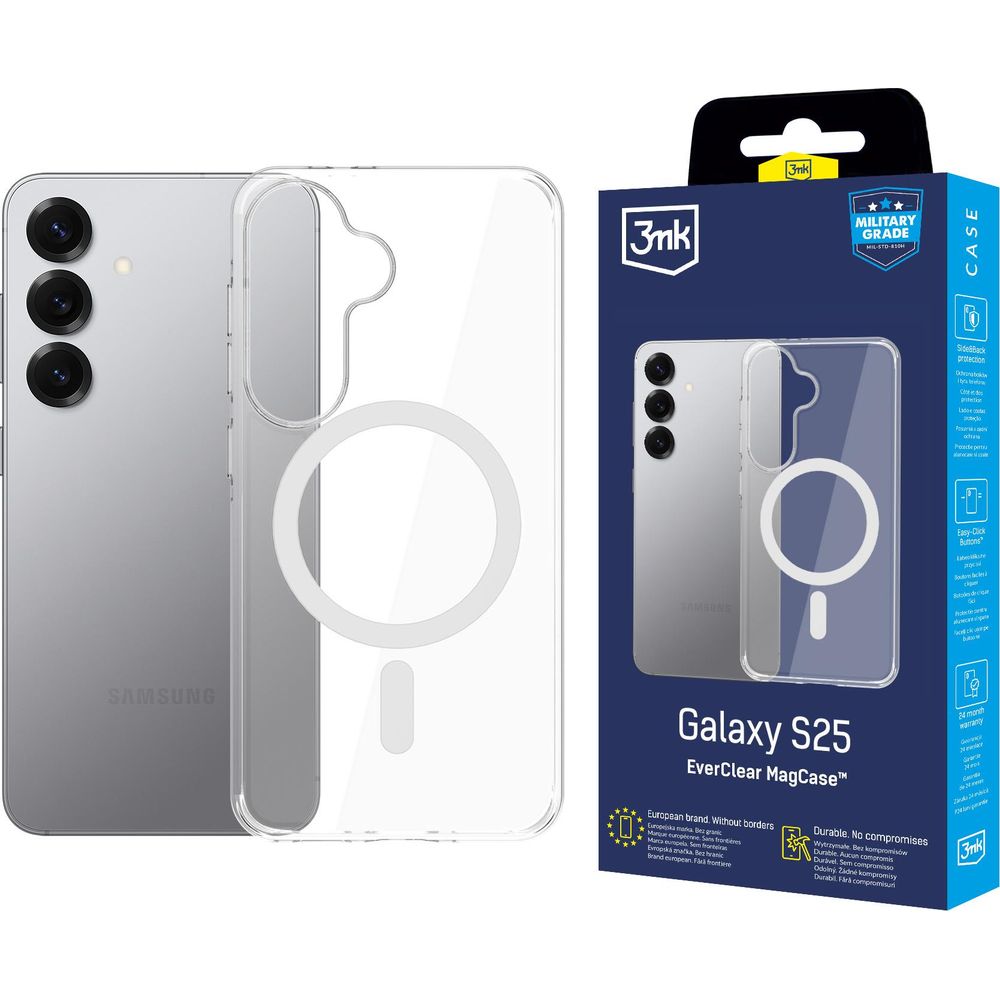 Handyhülle für Galaxy S25, 3mk EverClear MagCase mit MagSafe, Transparent mit weißem Magneten