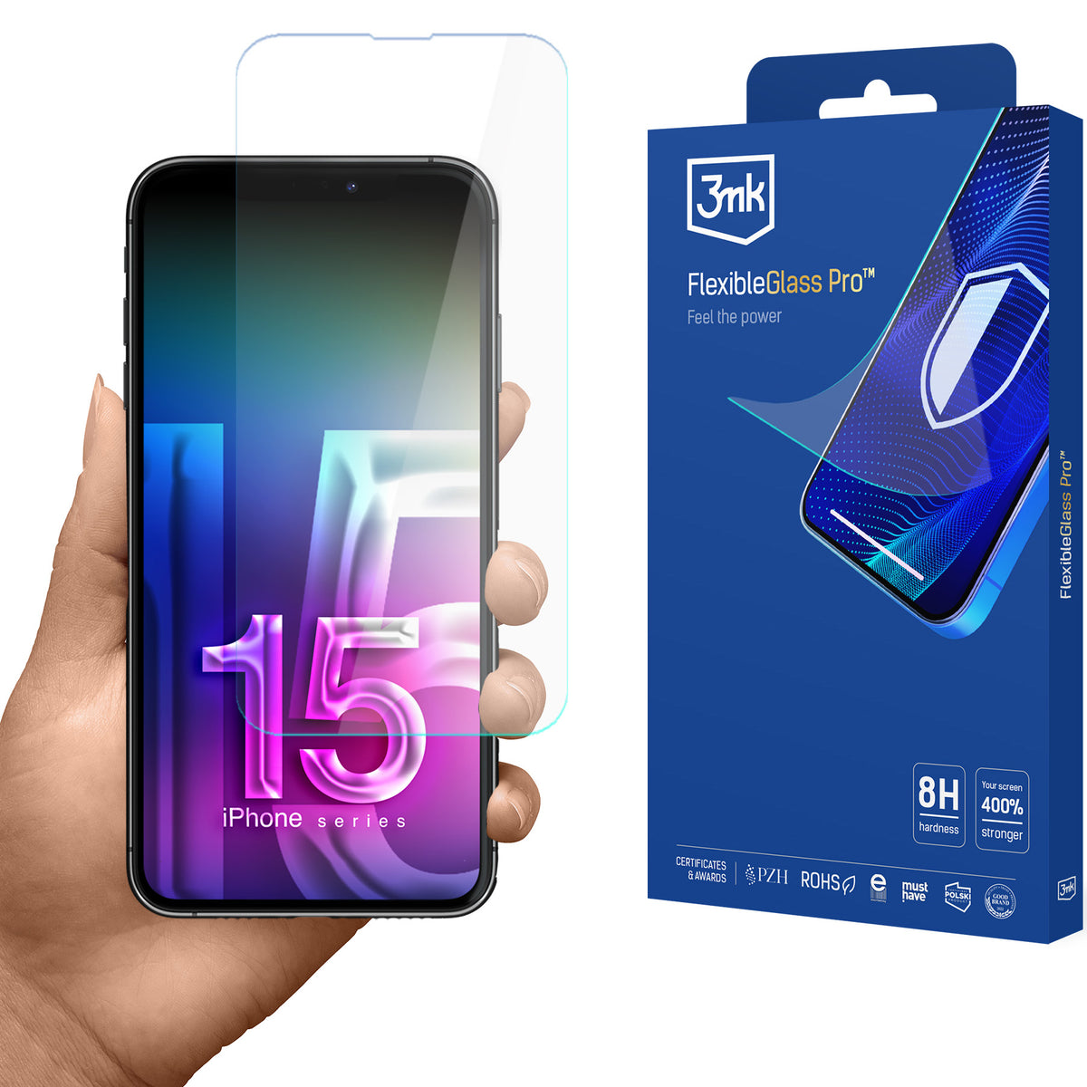 Hybridglas für iPhone 15, 3mk FlexibleGlass Pro