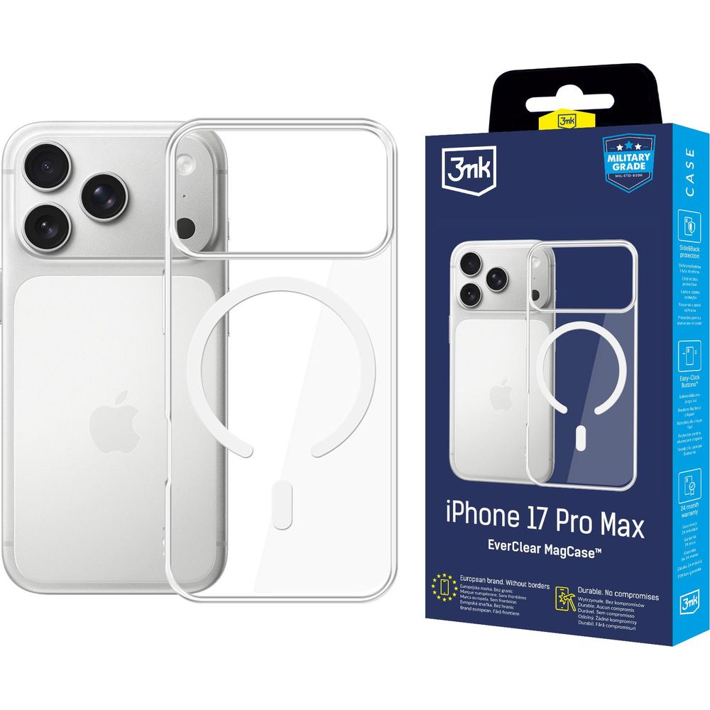 Handyhülle für iPhone 17 Pro Max, 3mk EverClear MagCase mit MagSafe, Transparent mit weißem Magneten