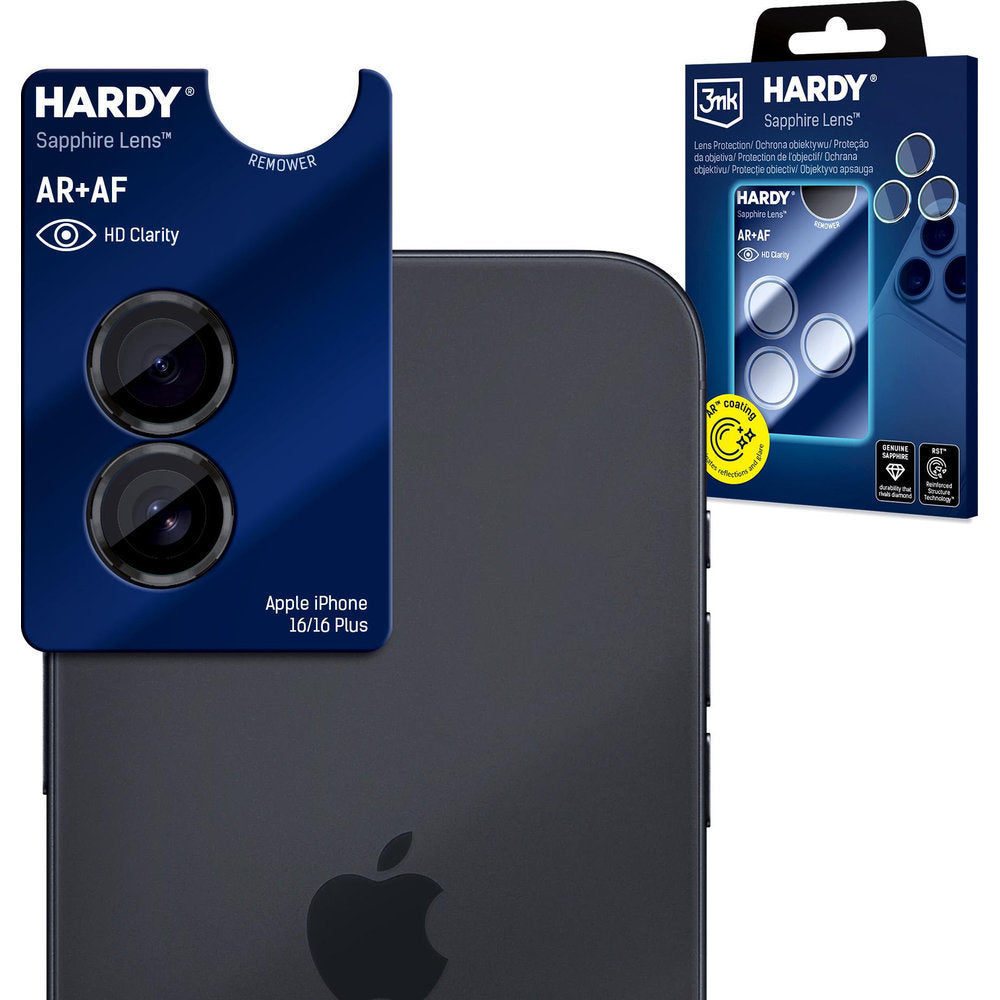 Saphirglas für die Kamera mit Applikator für Apple iPhone 17 / 16 Plus / 16, 3mk Hardy Sapphire Lens, Schwarz (2/9)