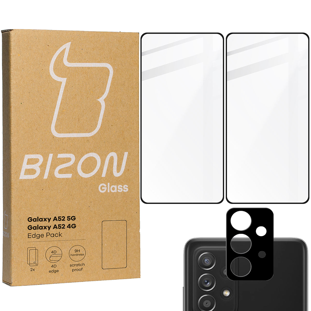 Gehärtetes Glas - 2 Stück + Kameraschutz für Galaxy A52s 5G, A52 4G/5G, Bizon Glass Edge Pack, Bizon Glass Edge Pack, Schwarz