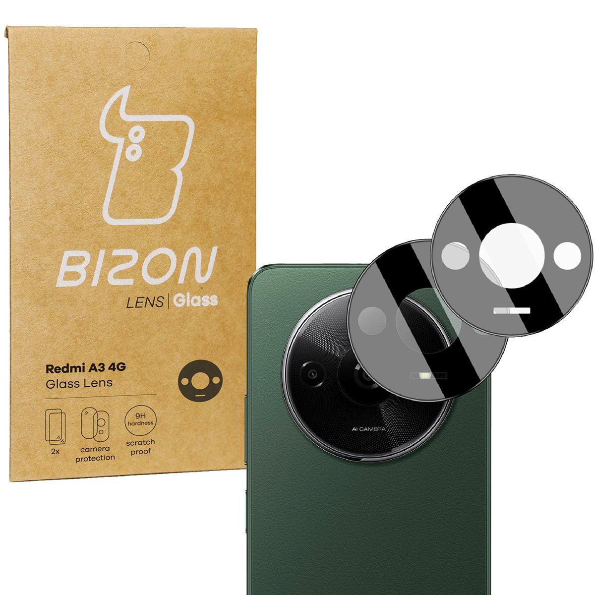 Gehärtetes Glas für die Kamera für Xiaomi Redmi A3 4G, Bizon Glass Silk Lens, 2 Stück