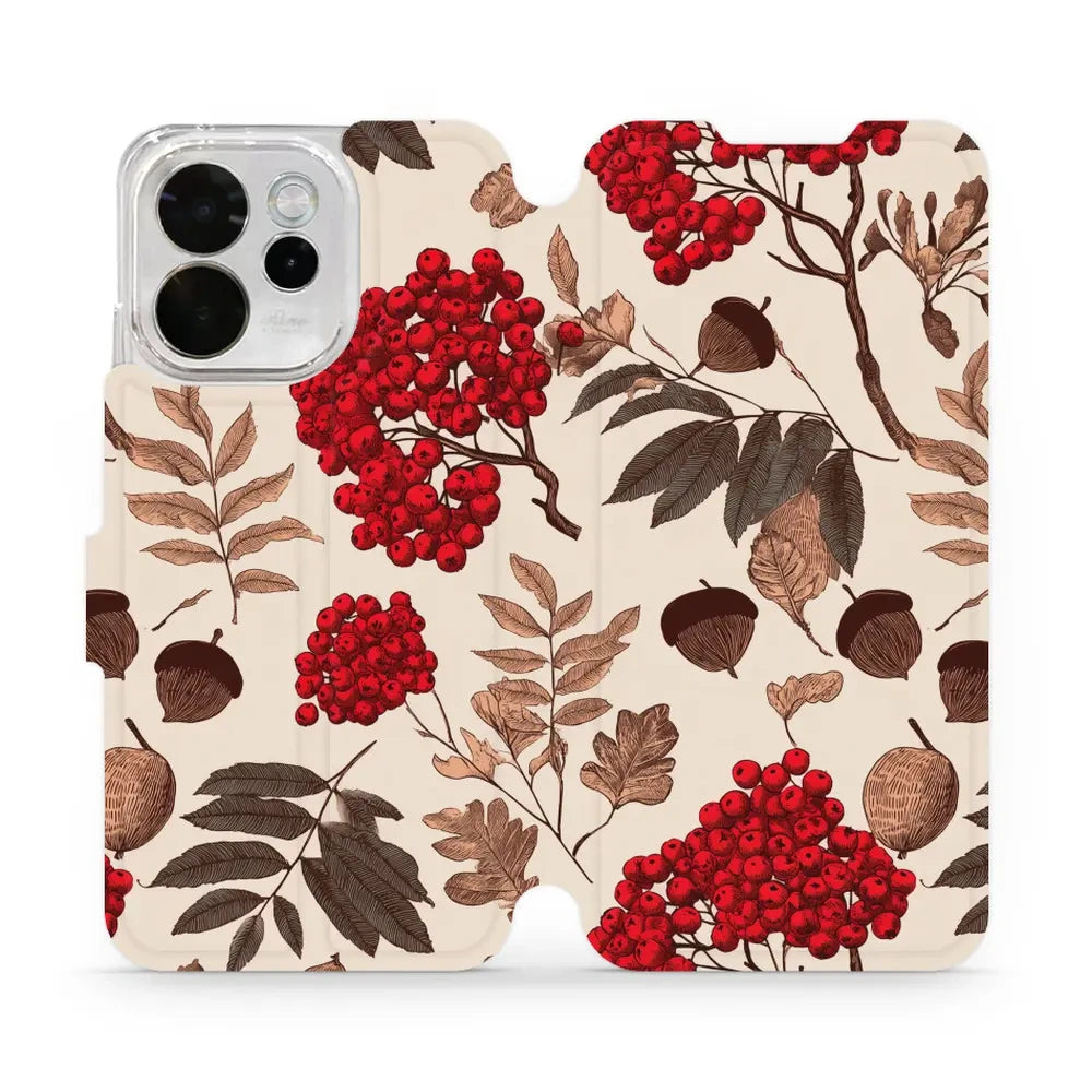 Handyhülle mit klappe für OPPO Reno15 FS, Mobiwear Book, Vogelbeeren auf Ecru