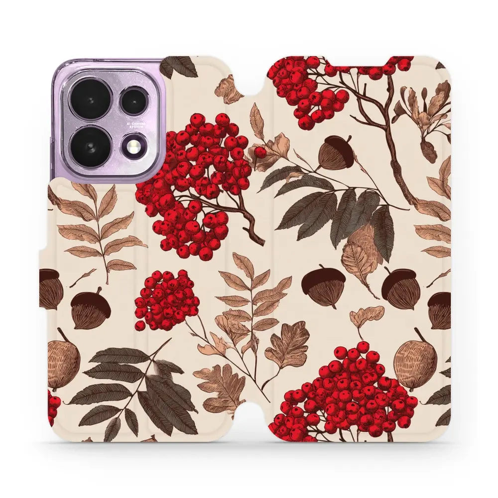 Handyhülle mit klappe für OPPO Reno16 F, Mobiwear Book, Vogelbeeren auf Ecru