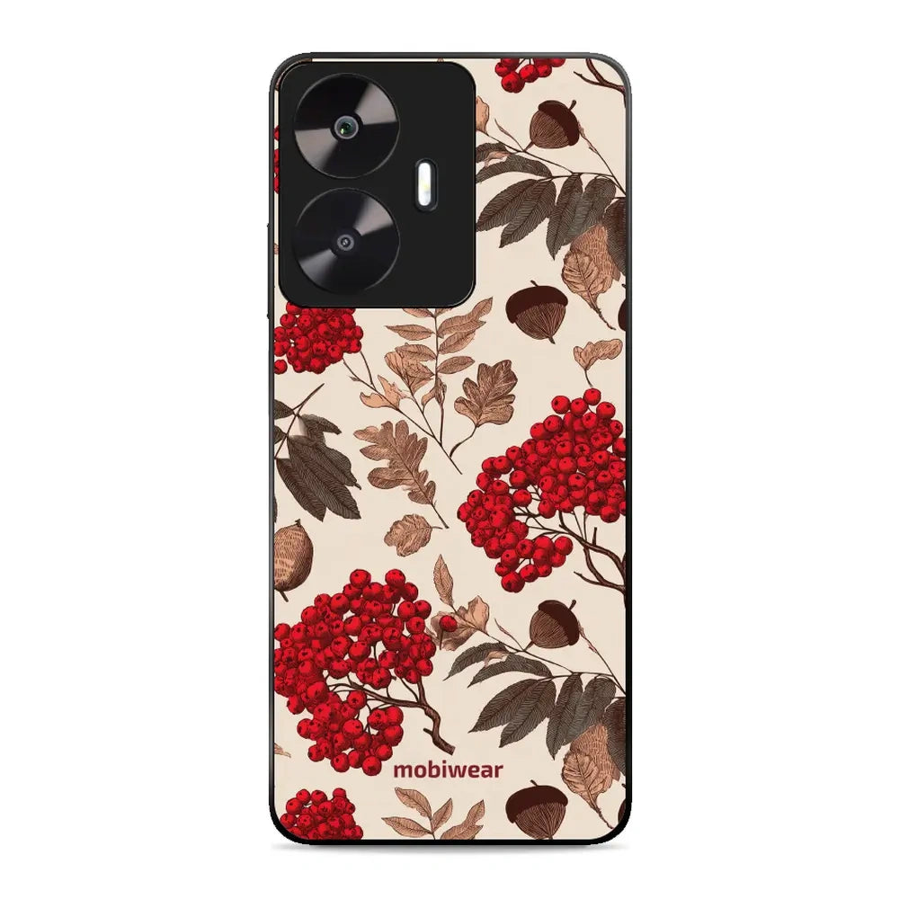 Handyhülle für realme C55, Mobiwear Glossy Case, Vogelbeeren auf Ecru