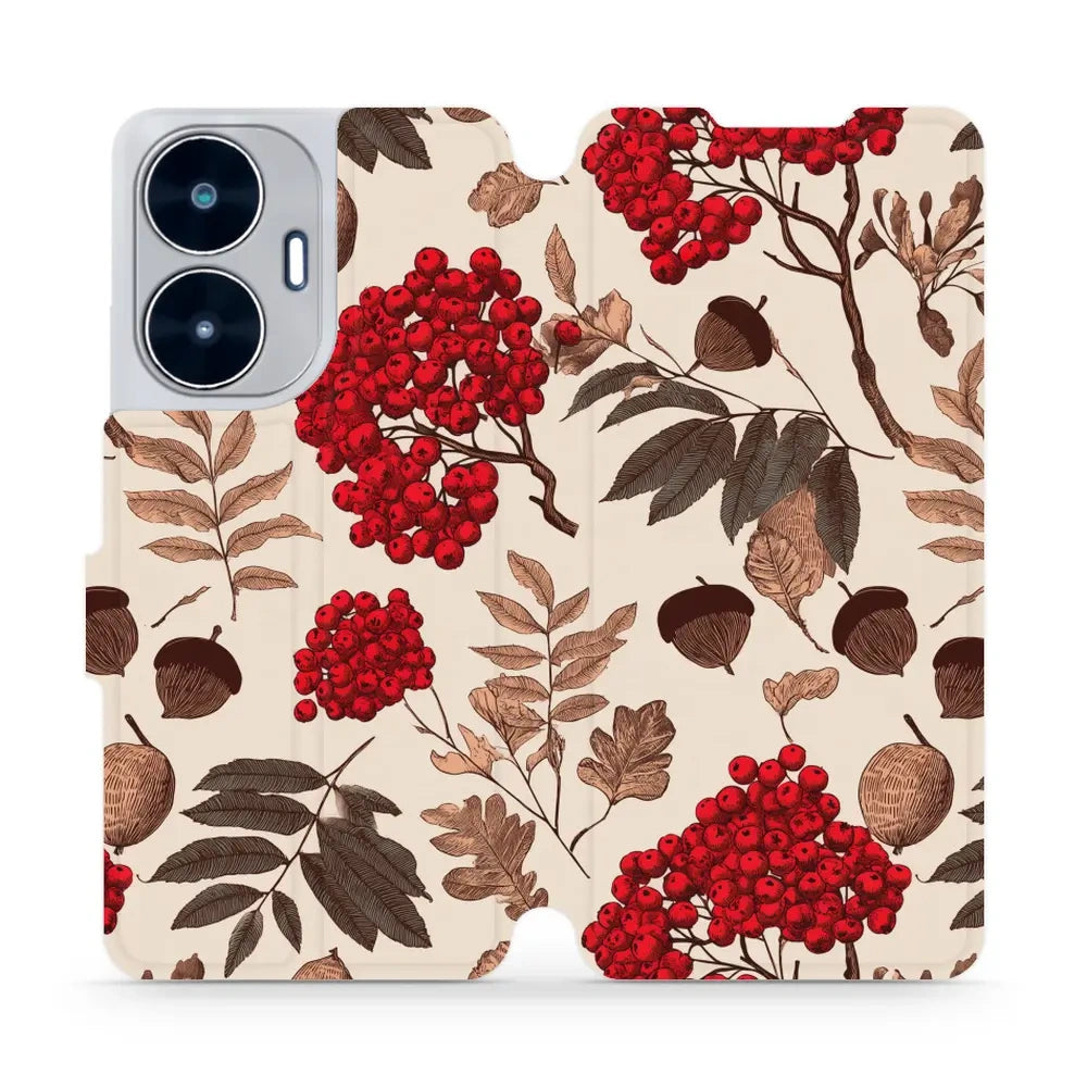 Handyhülle mit klappe für realme C55, Mobiwear Book, Vogelbeeren auf Ecru
