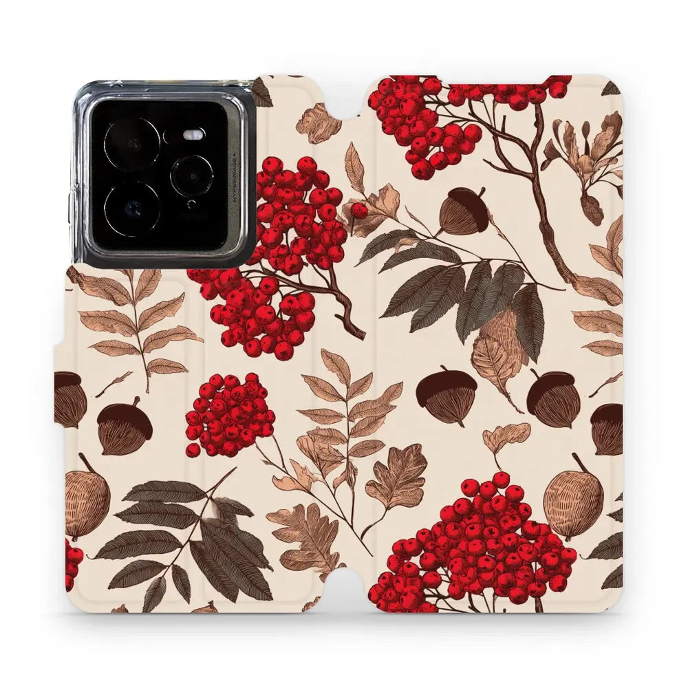 Handyhülle mit klappe für realme GT 7 Pro, Mobiwear Book, Vogelbeeren auf Ecru