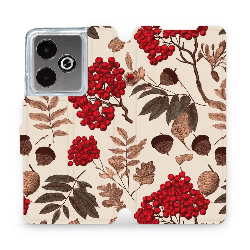 Handyhülle mit klappe für realme GT 7T, Mobiwear Book, Vogelbeeren auf Ecru