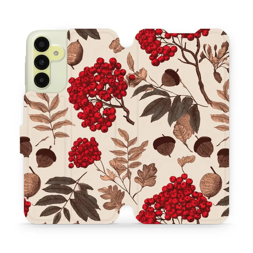 Handyhülle mit klappe für Galaxy A15 5G, Mobiwear Book, Vogelbeeren auf Ecru