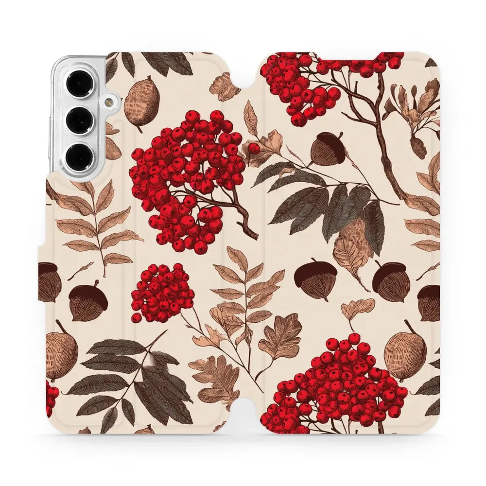 Handyhülle mit klappe für Galaxy A16 5G, Mobiwear Book, Vogelbeeren auf Ecru