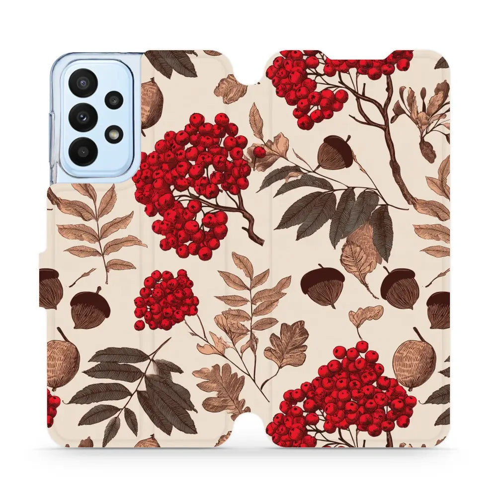 Handyhülle mit klappe für Galaxy A23 5G / 4G, Mobiwear Book, Vogelbeeren auf Ecru