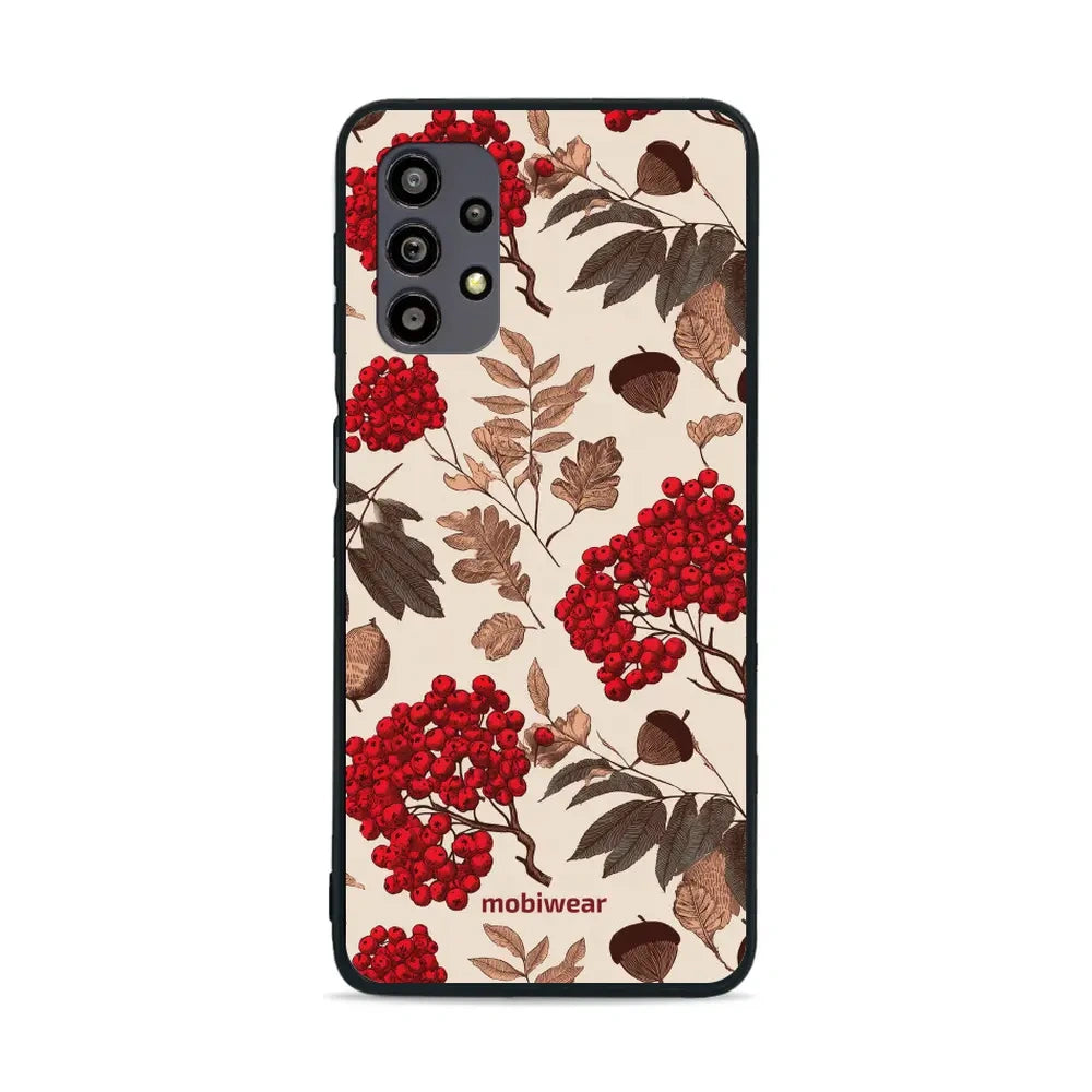 Handyhülle für Galaxy A32 5G, Mobiwear Glossy Case, Vogelbeeren auf Ecru
