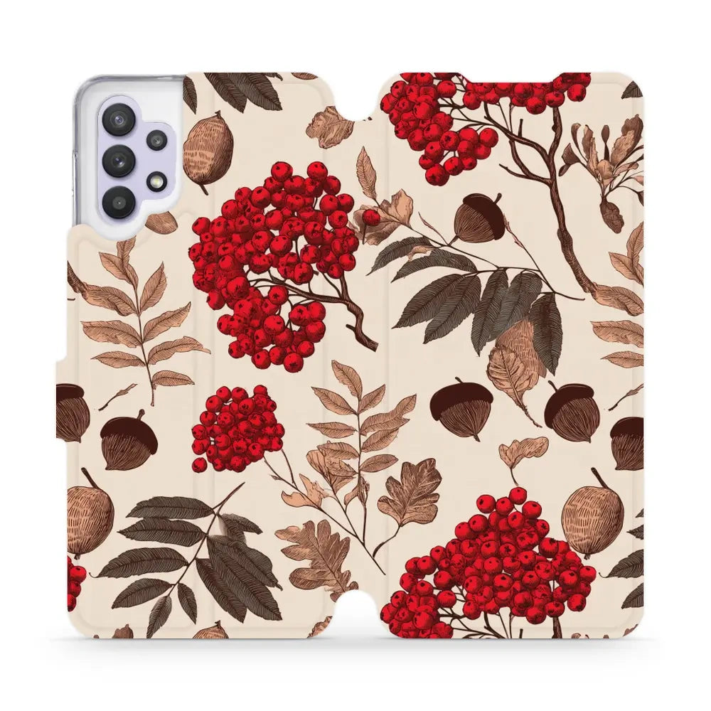 Handyhülle mit klappe für Galaxy A32 5G, Mobiwear Book, Vogelbeeren auf Ecru