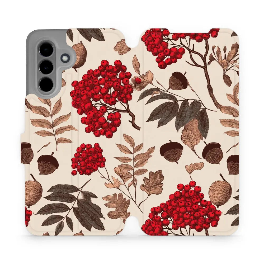 Handyhülle mit klappe für Galaxy A36 5G, Mobiwear Book, Vogelbeeren auf Ecru