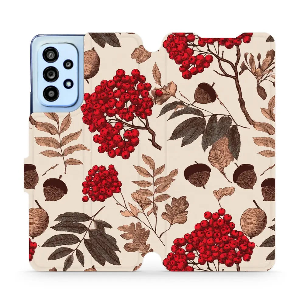 Handyhülle mit klappe für Galaxy A53 5G, Mobiwear Book, Vogelbeeren auf Ecru