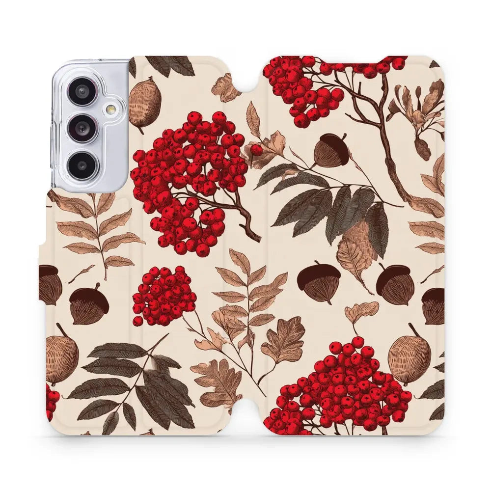 Handyhülle mit klappe für Galaxy A55 5G, Mobiwear Book, Vogelbeeren auf Ecru