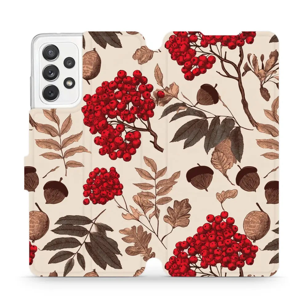 Handyhülle mit klappe für Galaxy A72, Mobiwear Book, Vogelbeeren auf Ecru