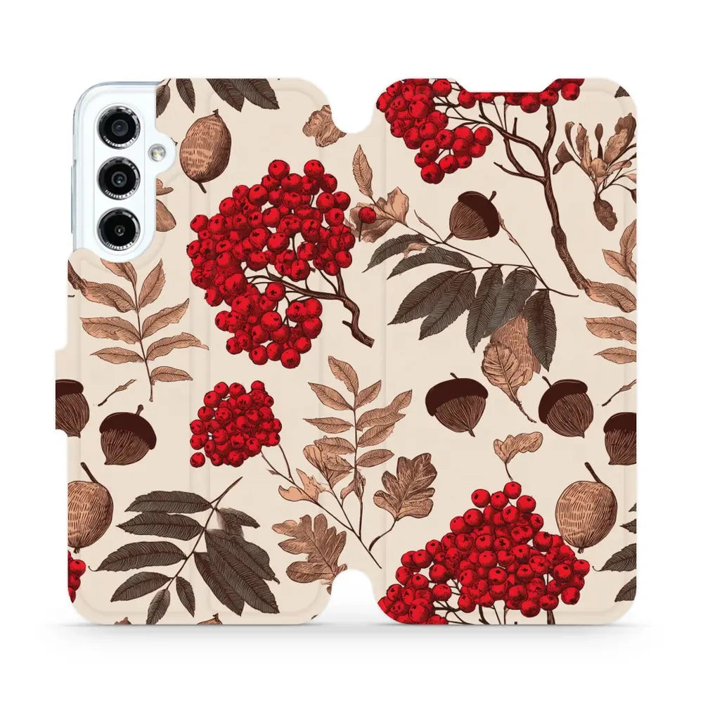 Handyhülle mit klappe für Galaxy M34 5G, Mobiwear Book, Vogelbeeren auf Ecru