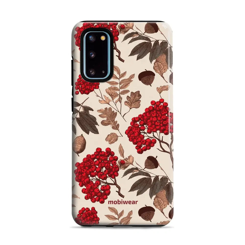 Handyhülle für Galaxy S20, Mobiwear Elite Pro, Vogelbeeren auf Ecru