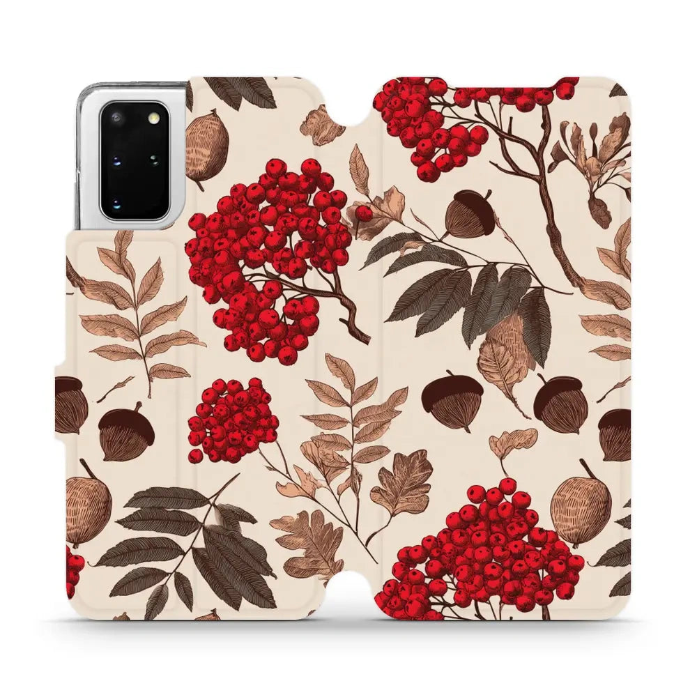 Handyhülle mit klappe für Galaxy S20 Plus 5G, Mobiwear Book, Vogelbeeren auf Ecru