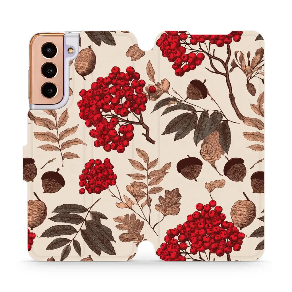 Handyhülle mit klappe für Galaxy S21 5G, Mobiwear Book, Vogelbeeren auf Ecru
