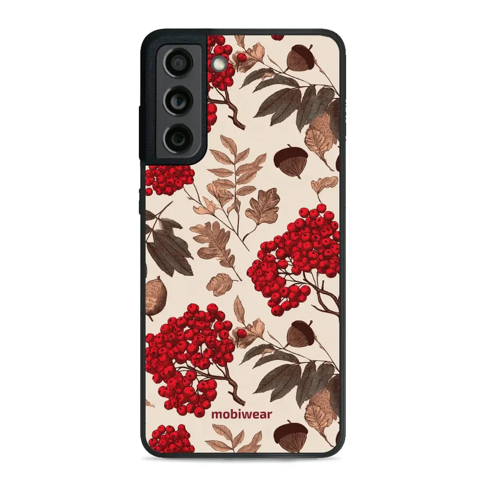 Handyhülle für Galaxy S21 FE 5G, Mobiwear Glossy Case, Vogelbeeren auf Ecru
