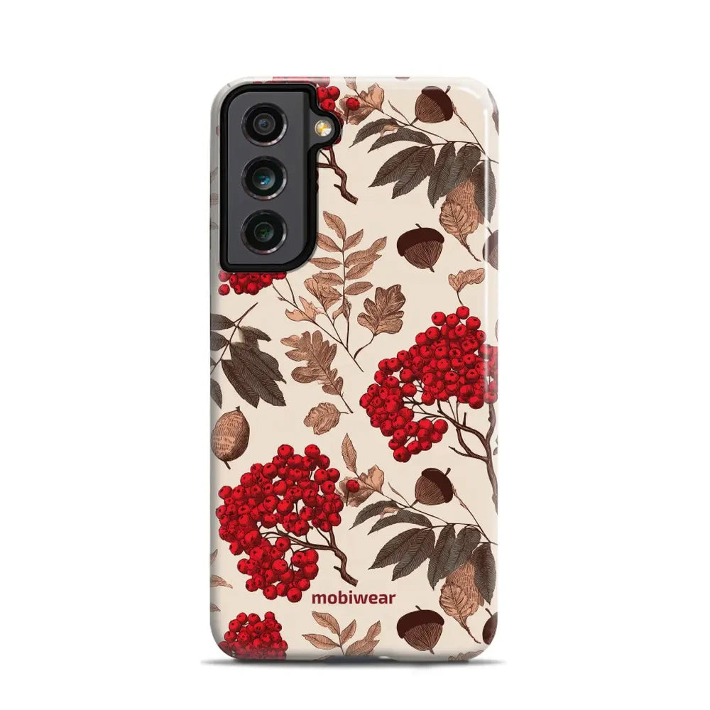 Handyhülle für Galaxy S21 FE 5G, Mobiwear Elite Pro, Vogelbeeren auf Ecru